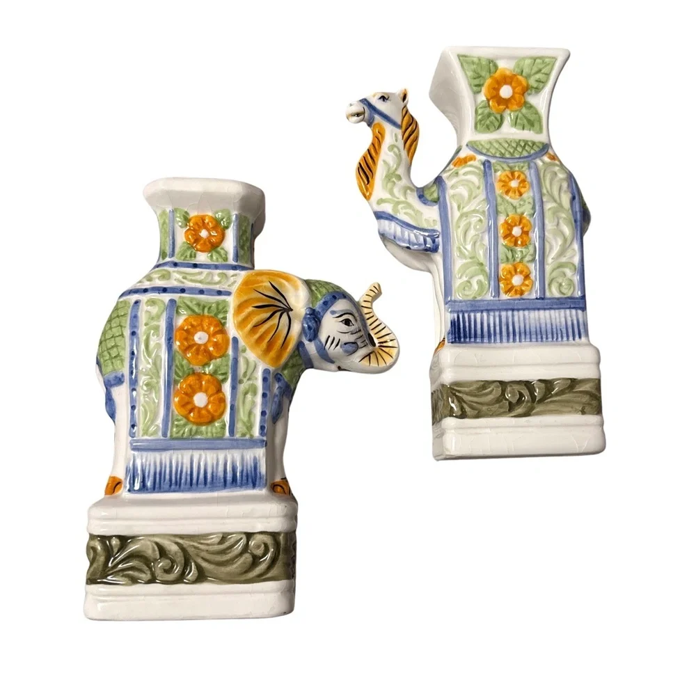 Pier 1 Imports Ceramic Candle Holder Set Elephant Camel Handpainted Vintage 80's